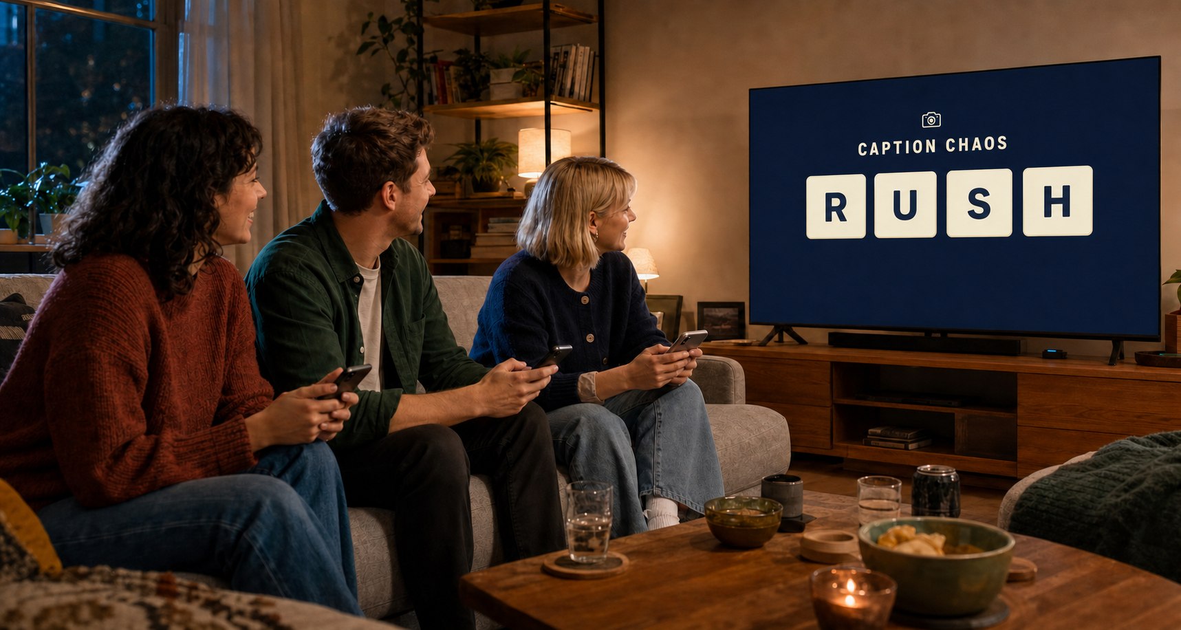 Drei Freunde mit Handys vor einem Fernseher, auf dem Caption Chaos und der Raumcode RUSH zu sehen sind
