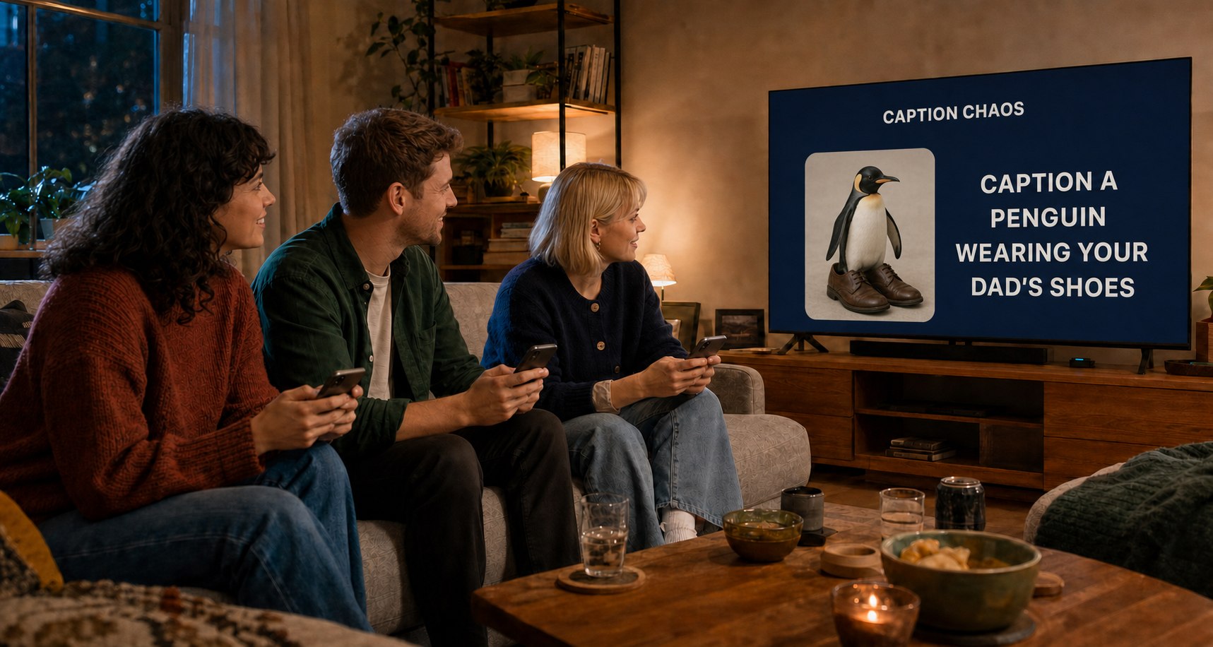 Caption Chaos zeigt auf dem Fernseher einen Pinguin in viel zu großen Schuhen