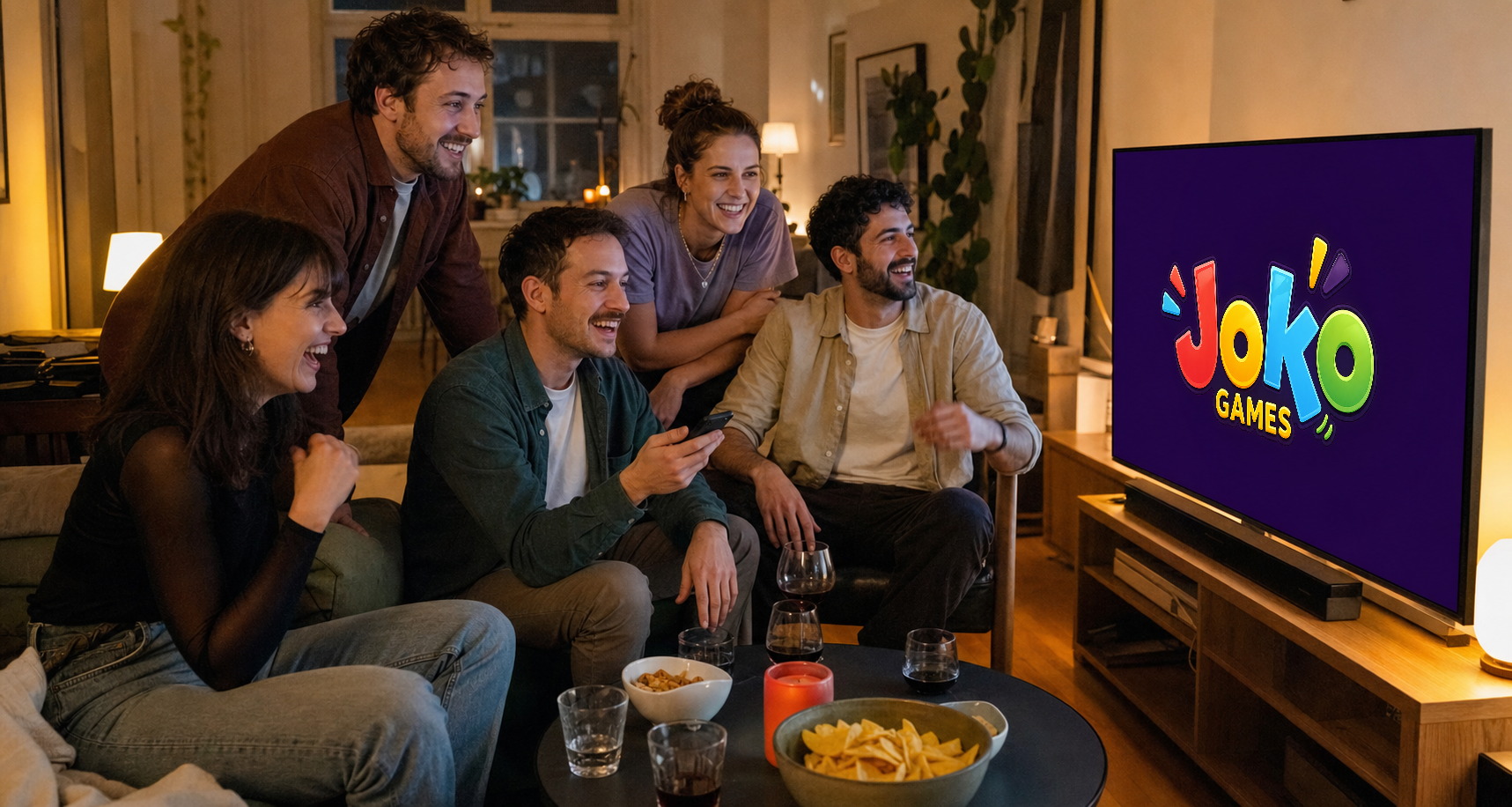Fünf Freunde lachen bei einem JOKO-Games-Spieleabend vor dem Fernseher